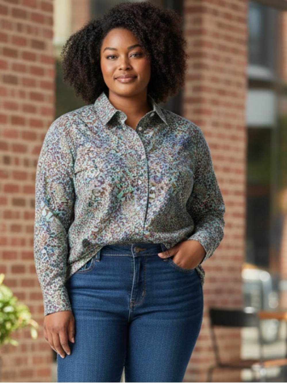 Foxcroft Green and Purple Floral Button-Front Shirt
